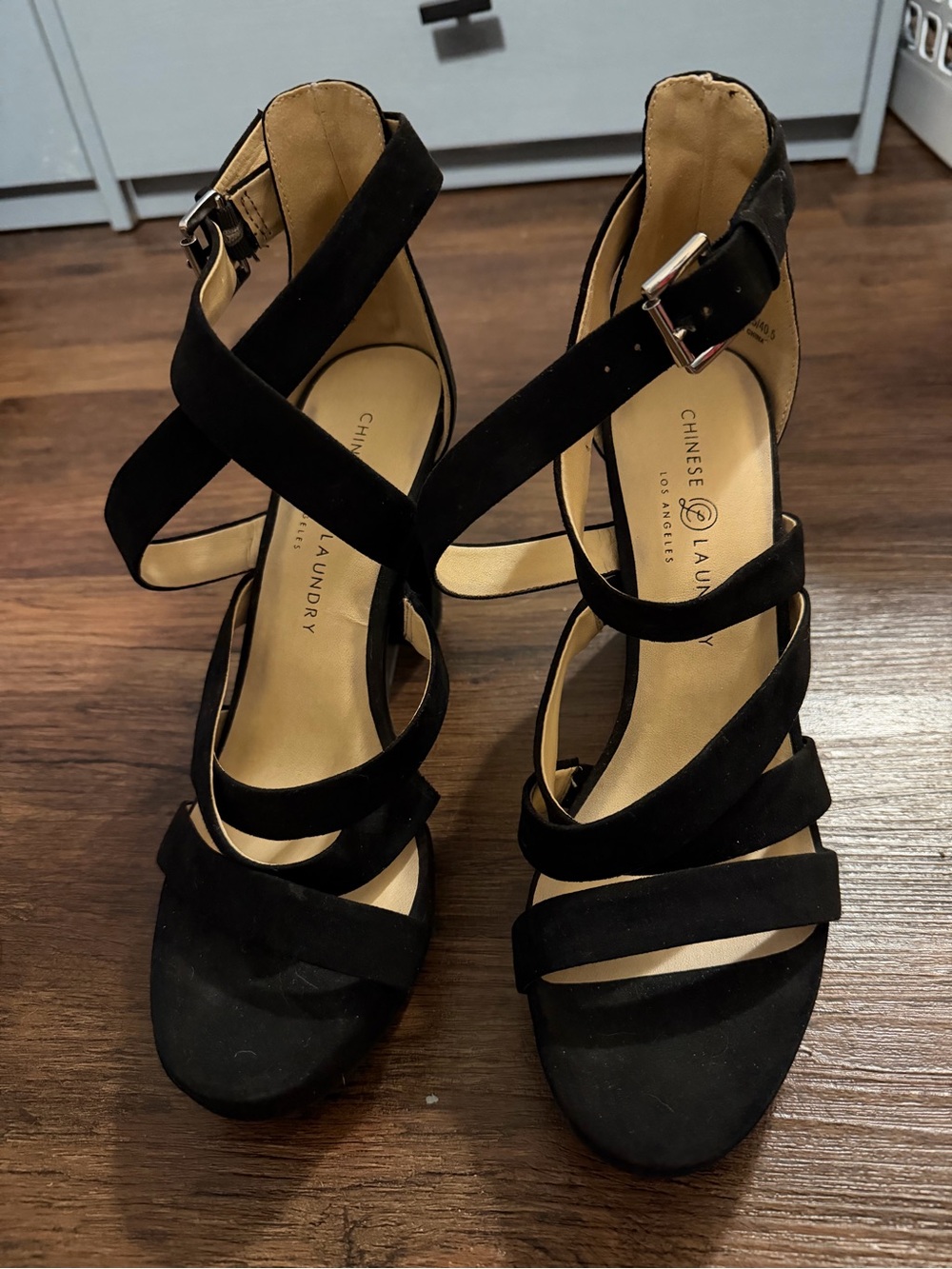 Chinese Laundry Black Strappy Suede High Heel Sandals size 9.5